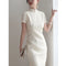 High-end Short Sleeved Cheongsam Dress Elegant Fashion Summer New Exquisite Jacquard White Temperament Celebrity Stand Collar