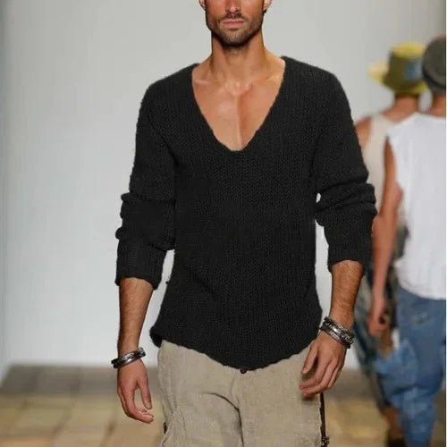 Oversized Loose Knitted Thin Sweaters for Men Fashion V-neck Long Sleeved Casual Knit Pullover Tops Men's Versatile Sweater Tops