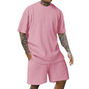 Men's crew neck T-shirt two-piece new style spring and summer striped yarn woven outdoor sports casual short-sleeved suit