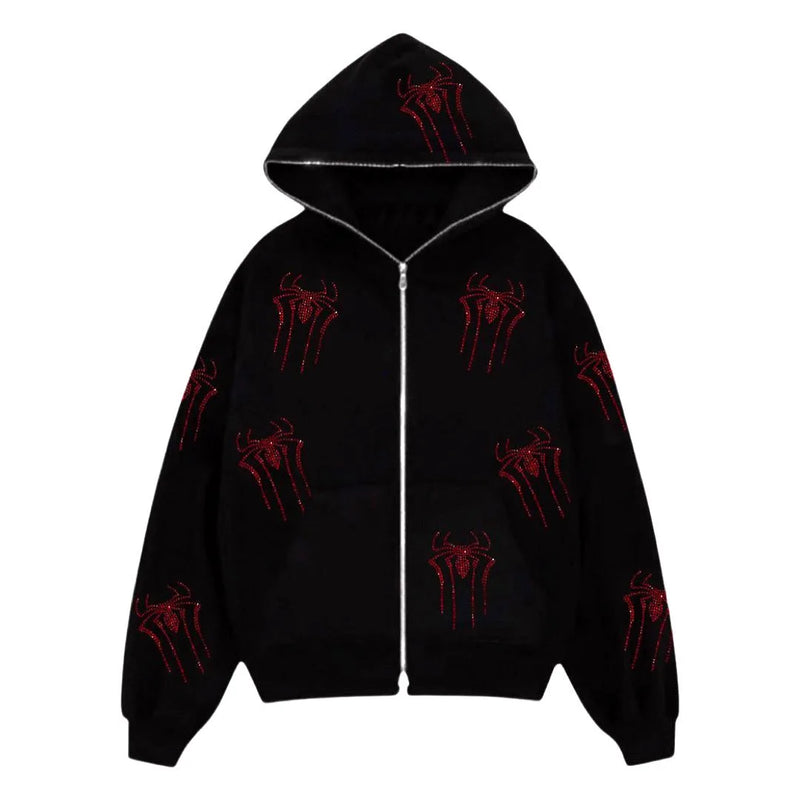 Fashion Mens Streetwear Hot Drilling Cross Hoodies Vintage Oodie Black Skeleton Hoodie Oversized Full Zip Hooded Sweatshirt