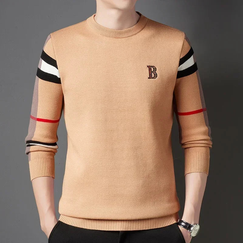 Autumn and Winter Men's Sweater Knitted Pullover New Soft Warm Striped Checker Round Neck Sweater Casual Fashion Men Clothing