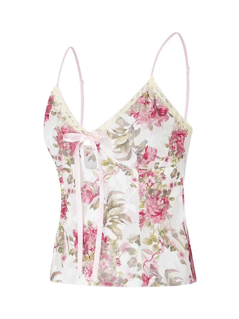 Women Spaghetti Strap Camisoles Floral Print V-Neck Tie-Up Front Sleeveless Sling Tank Tops Slim Fit Vests Crop Tops Y2k Summer