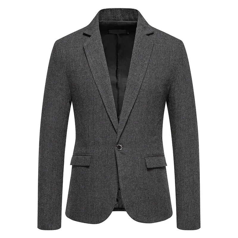 Classic Men's Casual Blazer Jackets SIngle Button Vintage Check Suit Coat Male Khaki