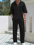 2025 New Spring summer Men's retro casual suit collar solid color half-sleeved shirt loose drawstring pants Two-piece beach Suit
