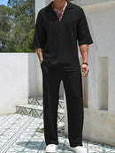 2025 New Spring summer Men's retro casual suit collar solid color half-sleeved shirt loose drawstring pants Two-piece beach Suit