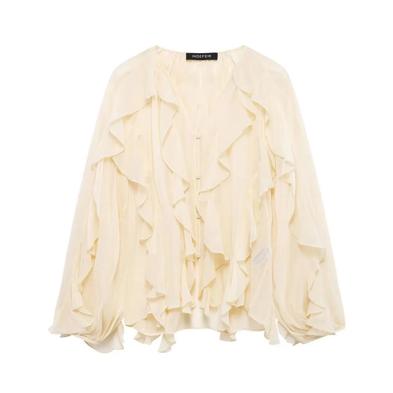 TFMLN Sexy Women Translucent Ruffles Blouses 2025 New Fashion V-neck Single Breasted Tierred Causal Tops Beach Style Solid Shirt