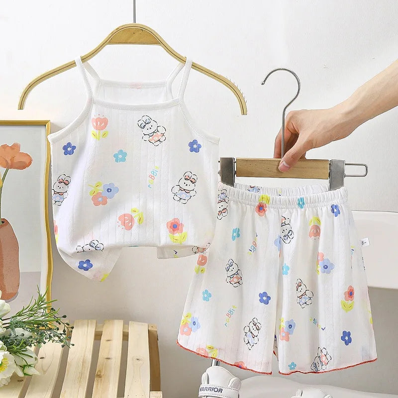 Sling+Shorts Suit Summer Girl's All Cotton Pajamas Infantil Cartoon Printed Sleeveless Home Clothes Fashion Cute Vest Two Piece