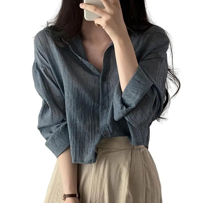 Women Shirt Turn Down Collar Cardigan Shirt Women Solid Color Sun Shirt