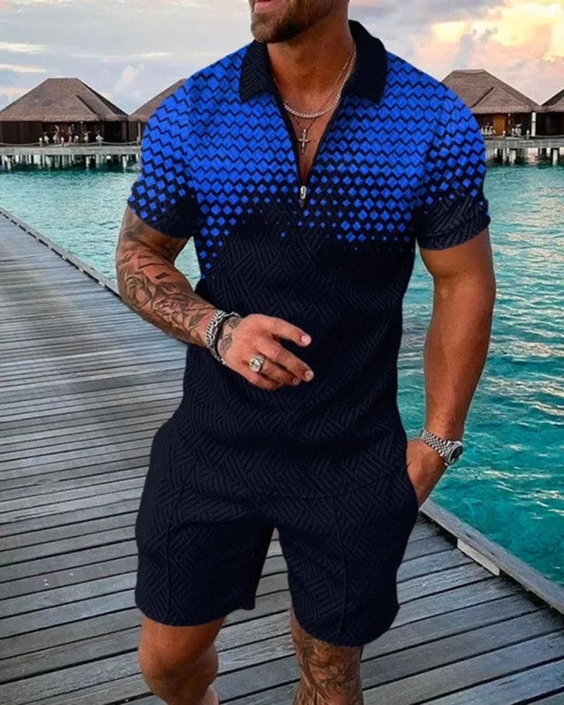2025 Trend Men Streetwear Fashion Half Zip Polo Shirts+shorts 2 PCS Sets Men's 3D Digital Print Casual Suit New Male Tracksuits