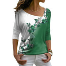 Women Autumn Top Flower Print Contrast Color Long Sleeves V Neck Pullover Warm Soft Floral Pattern Lady T-shirt Female Clothes