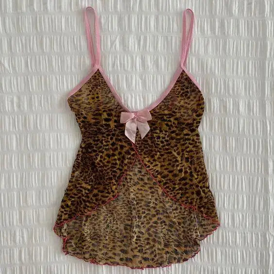 American retro punk aesthetic lace leopard print camisole top sexy slim fit chic hottie crop tops Harajuku Y2K aesthetic Clothes