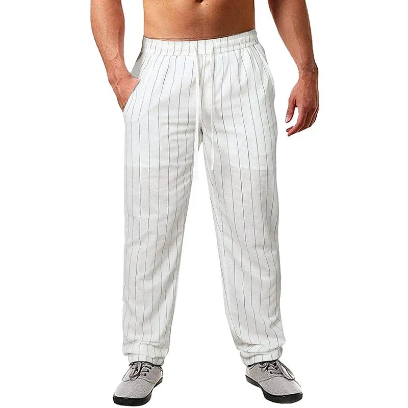 New Men's Cotton Linen Trousers Design Vertical Stripes Breathable Pants Casual Baggy Elastic Waist Straight Leg Sweatpants