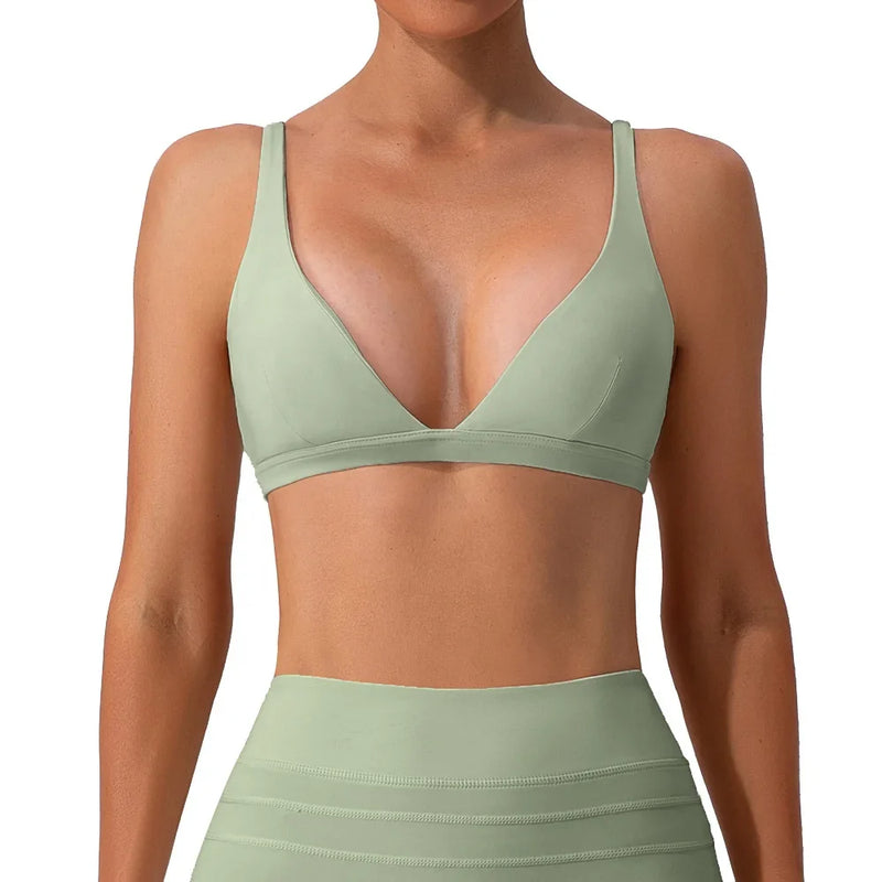 Women Soft Slimming Shockproof Quick Dry Supportive V Neck Running Bra Gym Sports Running Fitness Yoga Bra