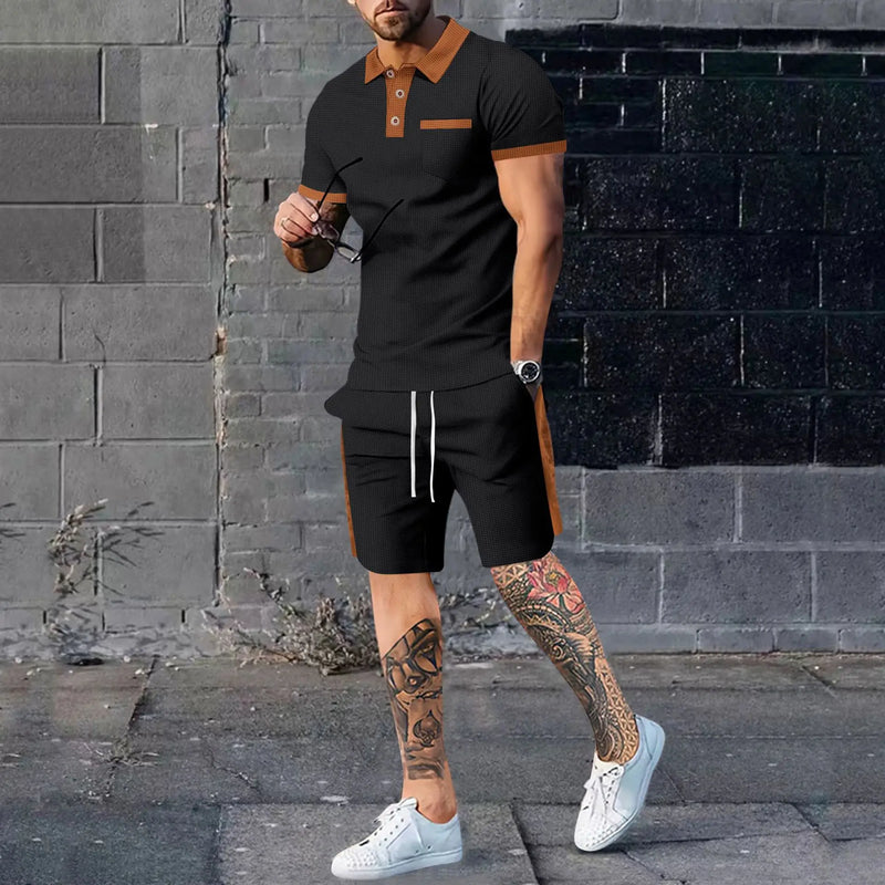 2025 new fashion trend summer men's waffle short-sleeved shorts two-piece full matching business and leisure suit