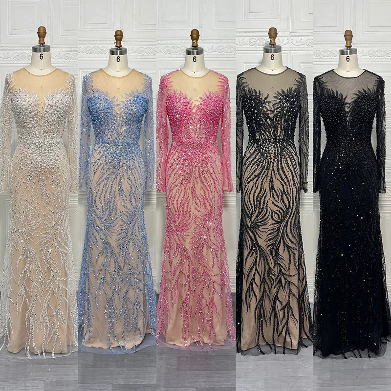 Elegant Long Sleeve Evening Dress for Women 2025 O-Neck Mermaid Wedding Party Luxury Beaded  Formal