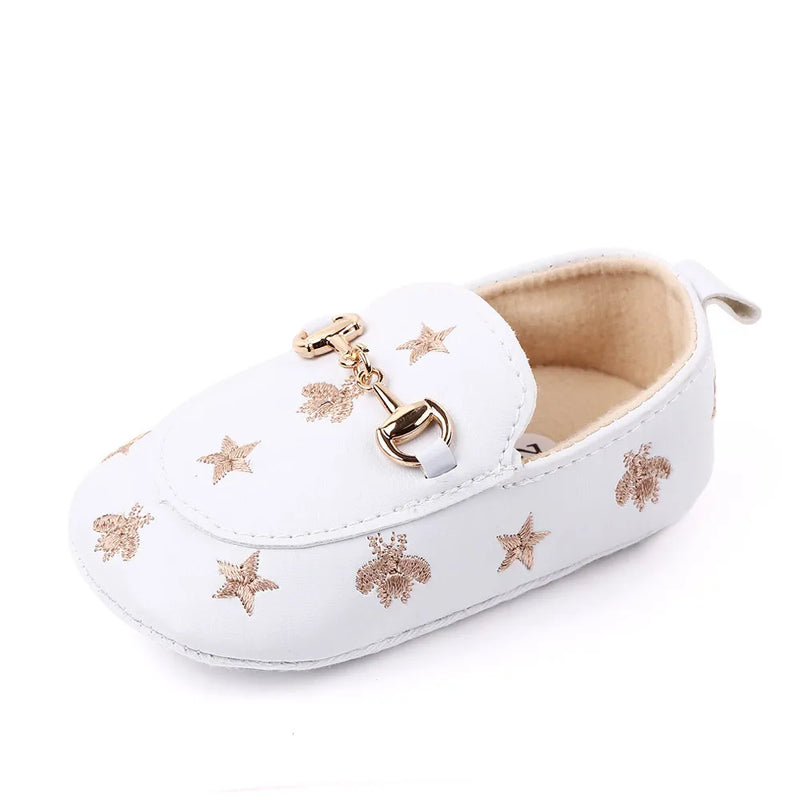 PU Leather Baby Shoes Embroidered Stars Christening Baptismal Moccasins Infant Boys Girls Slip-On Peas Shoes Walking Shoes 0-18M