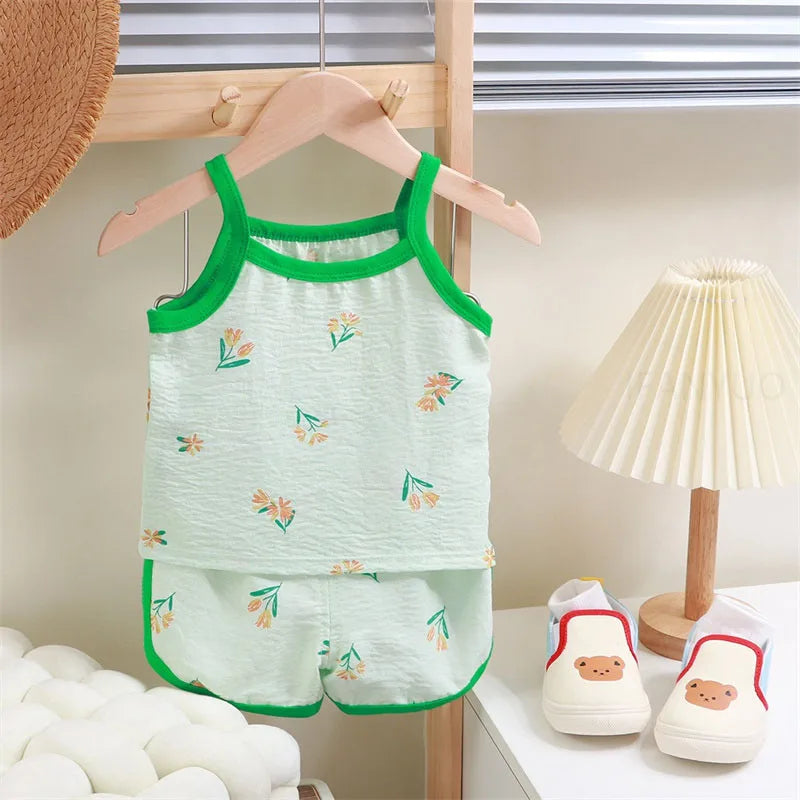Summer Children Sling Shorts Set Fashion Flower Girls Kids Cotton Thin Breathable Pajamas Cute Cartoon Baby Toddler Home Clothes
