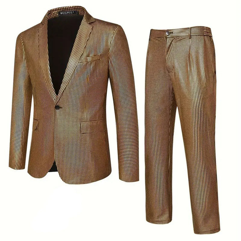 Men's Plaid Sequins Suit Wedding Ceremony Party Performance Dress Two-piece Suit