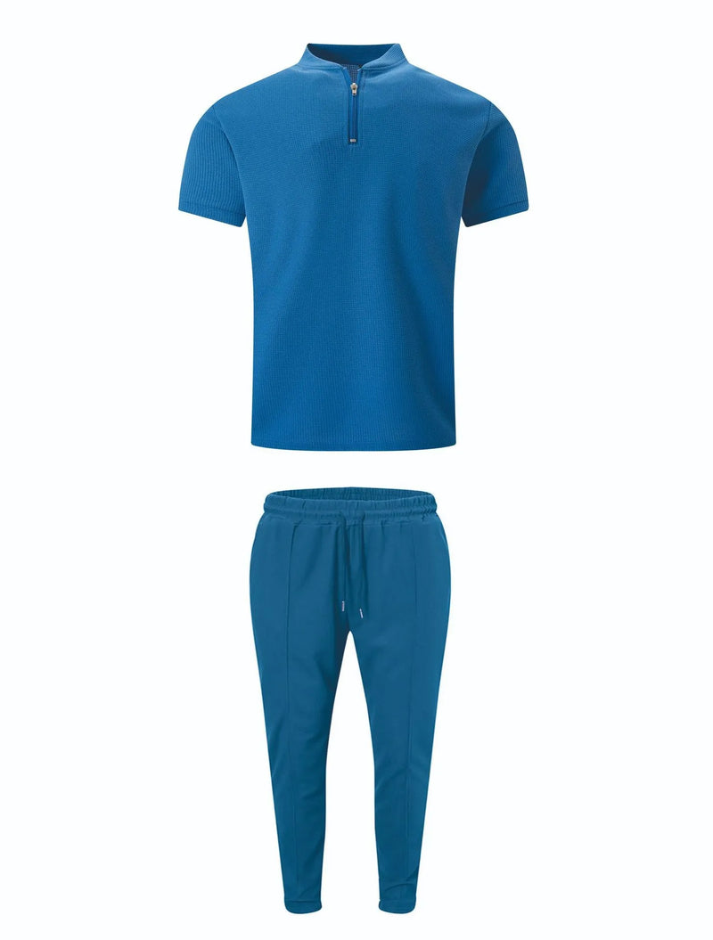 2024 Cross-border AliExpress men's Waffle Men casual fashion stand collar short sleeve pants suit