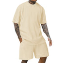 Men's crew neck T-shirt two-piece new style spring and summer striped yarn woven outdoor sports casual short-sleeved suit