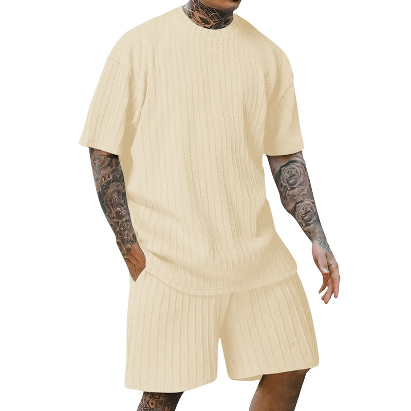 Men's crew neck T-shirt two-piece new style spring and summer striped yarn woven outdoor sports casual short-sleeved suit