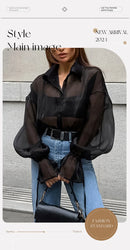 2024 New Design Sensibility Black Mesh Shirt Women's Fashionable Layered Loose-fit Lantern Sleeve Medium-length Shirt