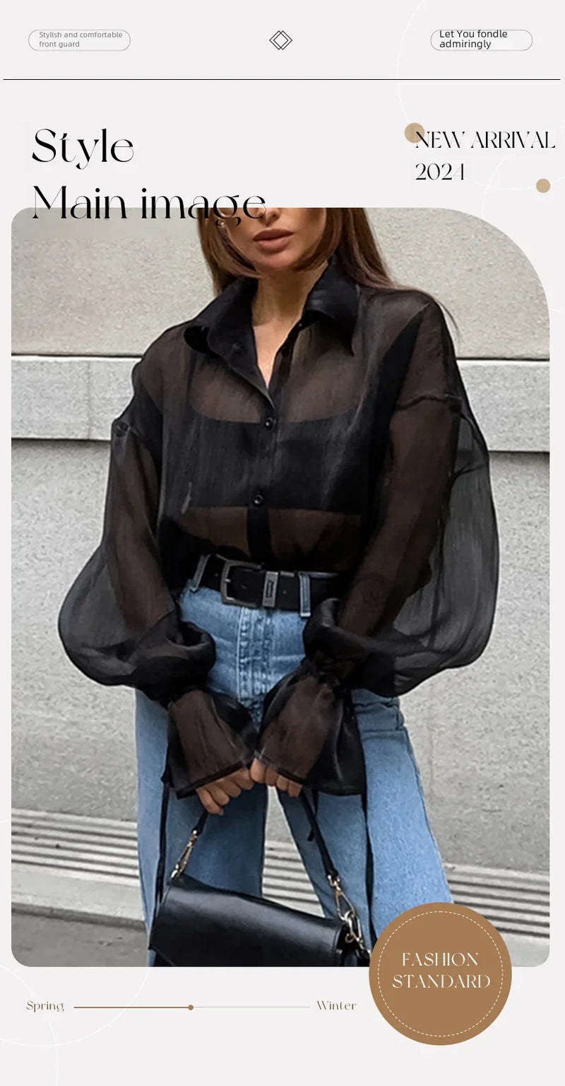 2024 New Design Sensibility Black Mesh Shirt Women's Fashionable Layered Loose-fit Lantern Sleeve Medium-length Shirt