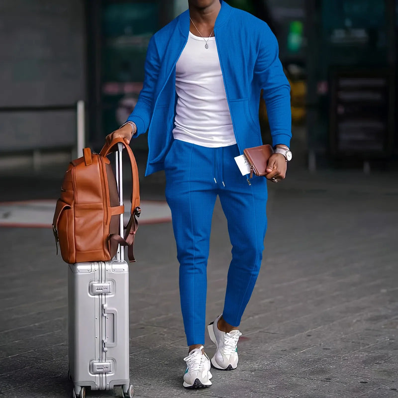 2025 new spring and autumn men stand collar solid color baseball casual Waffle full pants two men's suit men's wear