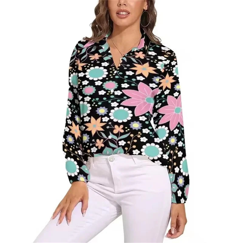 Bright Flower Power Blouse Retro Hippy Flowers Trendy Printed Blouses Female Long Sleeve Casual Shirts Spring Oversized Clothing