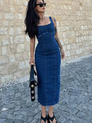 Retro Deep Blue Fold Women Denim Maxi Dress Fashion Short Sleeve V Neck Button Slim Fit Long Dresses Lady New Commute Chic Robes