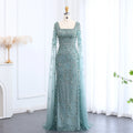 Sharon Said Luxury Arabic Turquoise Evening Dress with Cape Sleeves Sqaure Neck Dubai Women Wedding Party Gowns SS469 Customized