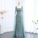 Sharon Said Luxury Arabic Turquoise Evening Dress with Cape Sleeves Sqaure Neck Dubai Women Wedding Party Gowns SS469 Customized