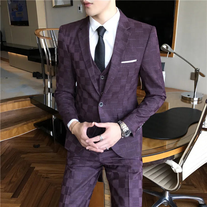 Blue Men's Plaid Blazer Jacket and Vest with Pants, Gray & Burgundy Available, Asian Size Mens Three Piece Set