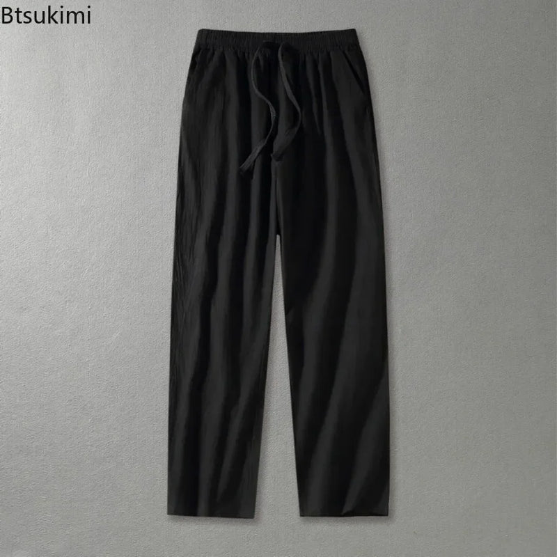 Plus Size 8XL 9XL Pants Men's Solid Cotton Linen Loose Casual Trouser Fashion Drawstring Straight Joggers Vintage Sweatpants Men