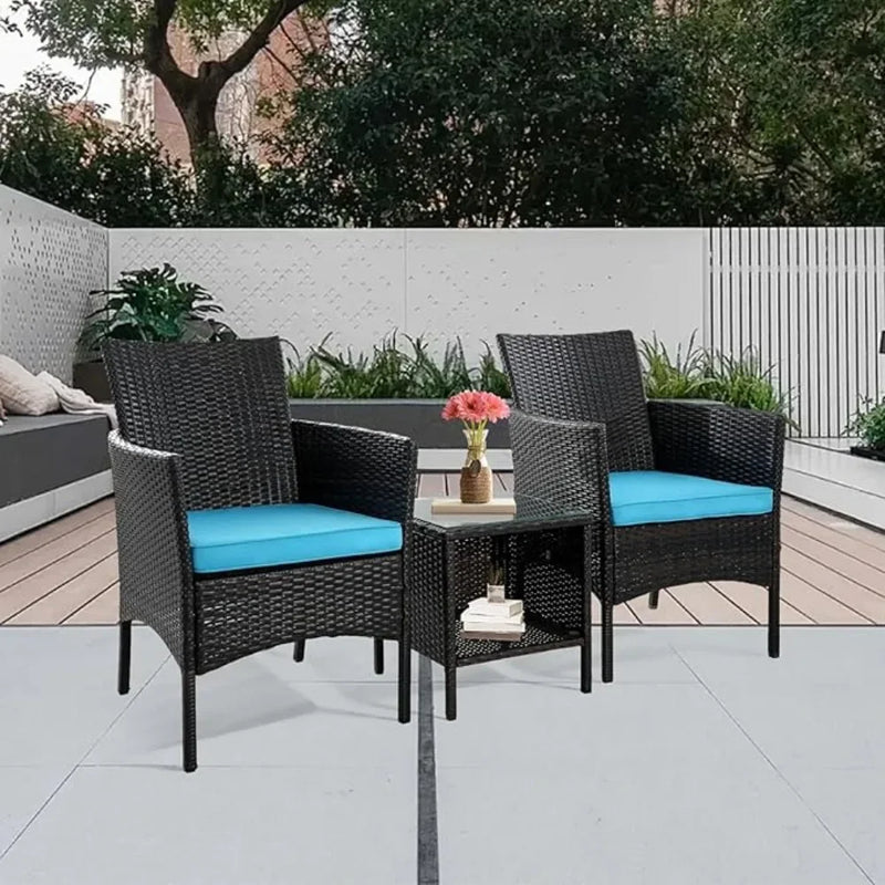 3-piece Outdoor Small Bar Set, Terrace Furniture Chairs, Black Wicker Porch Furniture with Glass Coffee Table
