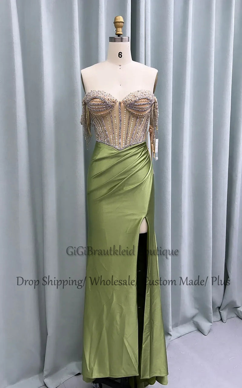 GiGiBraut Fancy Satin Prom Dress For Women Mermaid Pleated Slit Crystals Evening Gowns Vestido De Formatura Party Customised