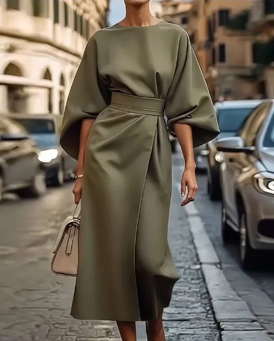 2025 Spring Summer New Women's Fashion Style Elegant Solid Color Waist Dress Casual Bat Sleeve Long Dress Vestidos Para Mujer