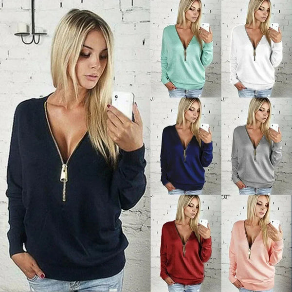 2025 Autumn Casual T-shirt Fashion Women Long Sleeve Tshirts Vintage Zipper V-neck Soft Top Bottoming T-shirt New