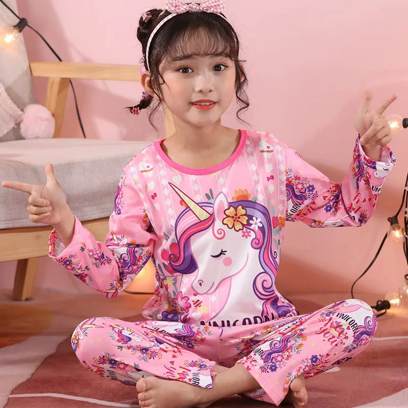 New Girls Unicorn Milk Silk Pajamas Summer Long Sleeve Children's Clothing Sleepwear Pyjamas Sets For Kids