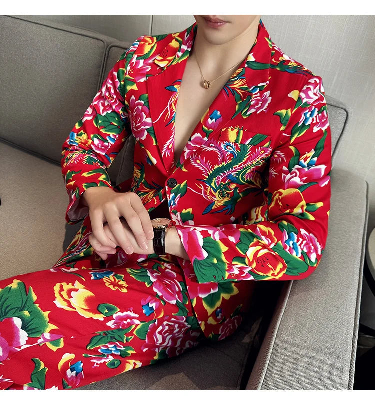Nostalgia Style Suit 2-Piece, Men's Fashion Casual Suit Jacket & Trousers, Red & Black Available Blazer +Pants M-5XL