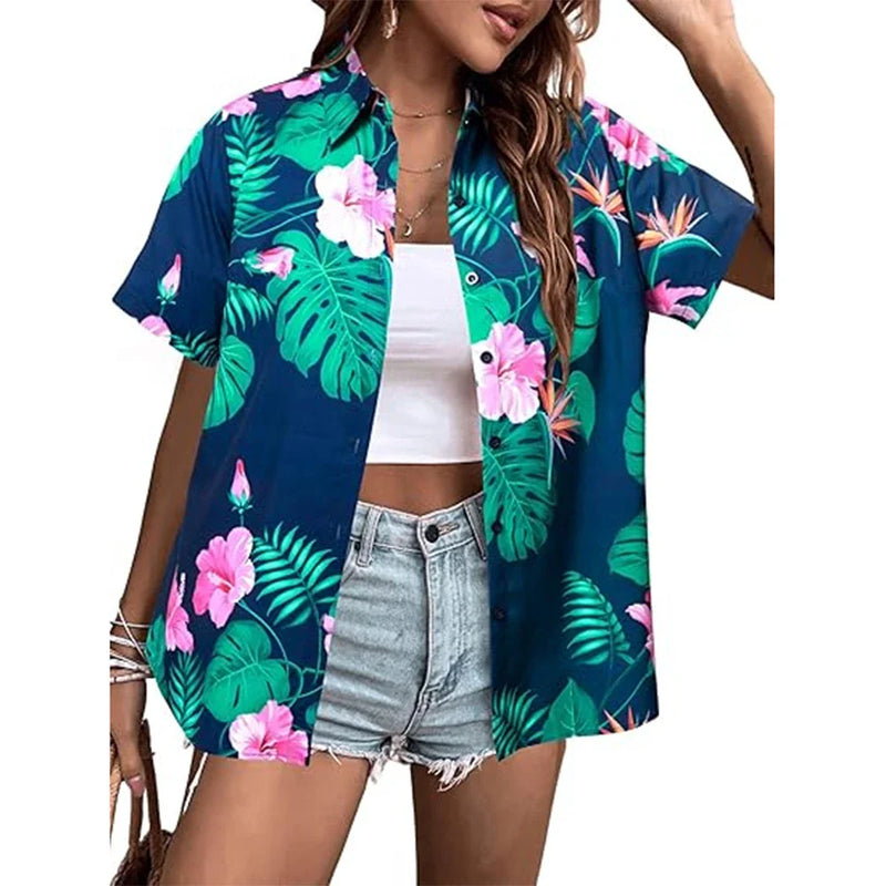 New Women's Short Sleeve T-shirts Fashionable 3d Floral Printed Casual Hawaii Style Basic Tops Lapel Short Sleeve Shirt Summer