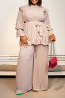 Women's Plus Size Two Piece Pant Set Casual Apricot Pleated Long Sleeves Wrap Elegant Office Lady Wide Leg Autumn Matching Sets