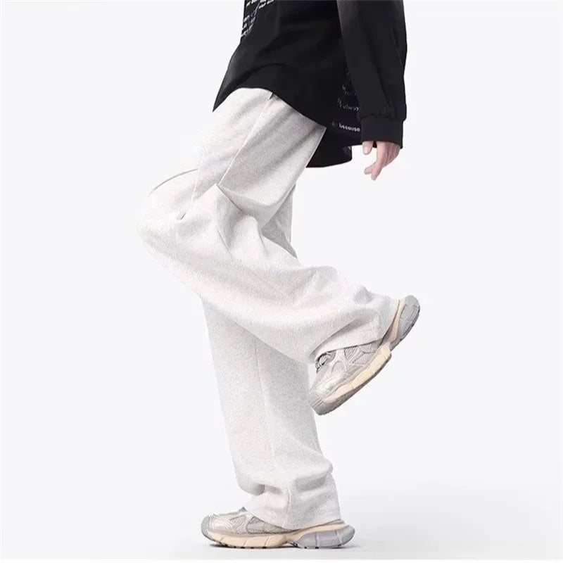 New Korean Fashion Pleated Wide-leg Sweatpants For Men Hip Hop Solid Color Baggy Pants Y2K Streetwear Gray Straight Trousers