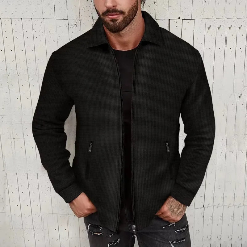 2024 European and American Waffle Long Sleeved Zippered Men's Jacket High Street Casual Men's Autumn Jacket