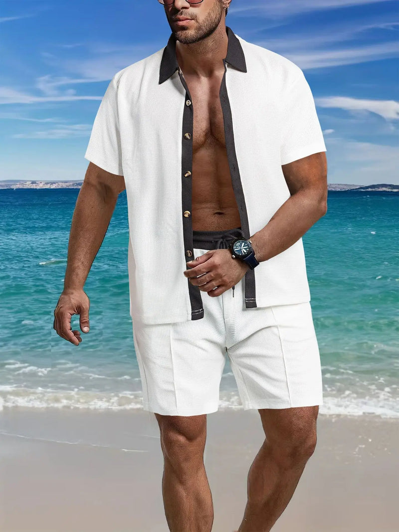 2025 summer men's beach light casual fashion city everything lapel button color shirt short-sleeved shorts set
