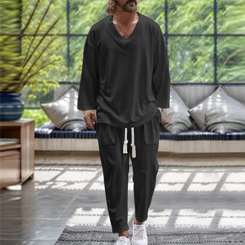 2024 Spring/Fall trend Men's Fashion V-neck shirt Casual comfortable loose high-end long sleeve pants solid color beach suit