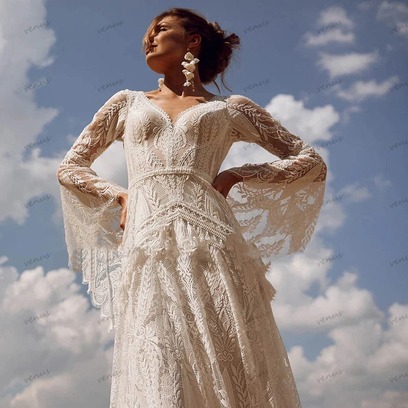 Bohemia Vintage Wedding Dresses For Women 2024 V-Neck Backless Bridal Gowns Flare Sleeves Lace Robe Vestidos De Novia Customized