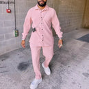 2025 Men's Casual Long Sleeve Two Piece Sets Pink Turn-down Collar Ribbed Corduroy Shirts and Pants Sets Men's 2PCS Outfits Sets