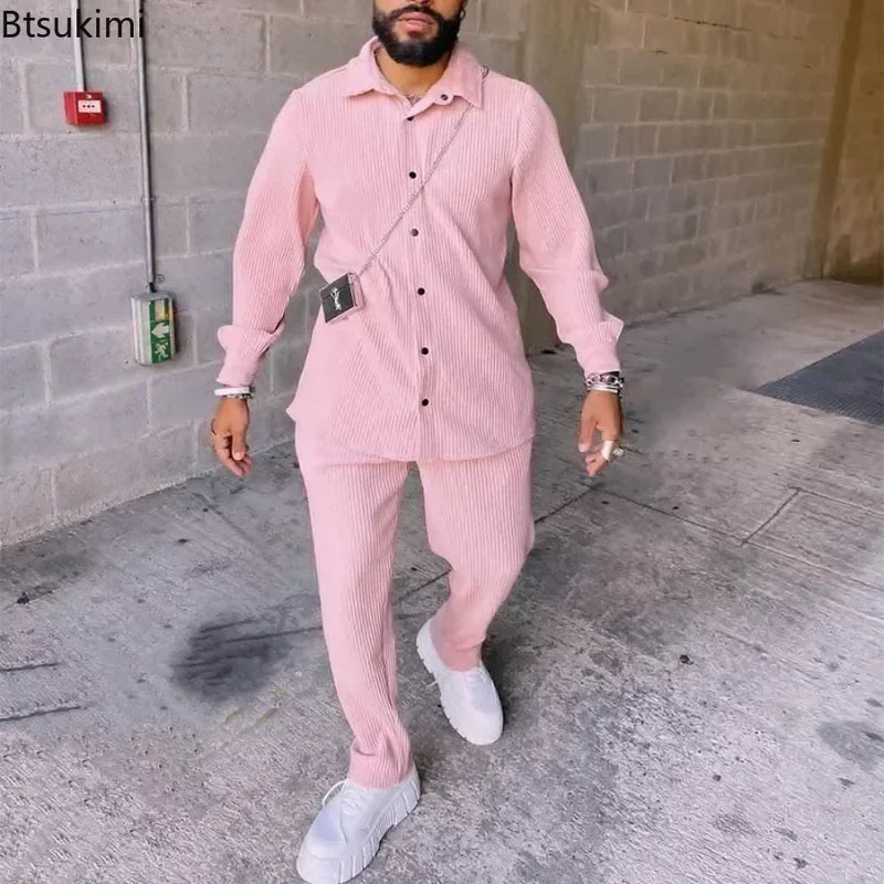 2025 Men's Casual Long Sleeve Two Piece Sets Pink Turn-down Collar Ribbed Corduroy Shirts and Pants Sets Men's 2PCS Outfits Sets