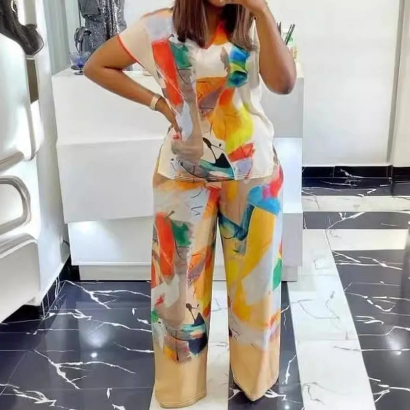 2 Piece Women Sets 2024 New Arrival Plus Size Summer Matching Sets Print Two Pieces Sets Top Pants Suits Outfits Clothing